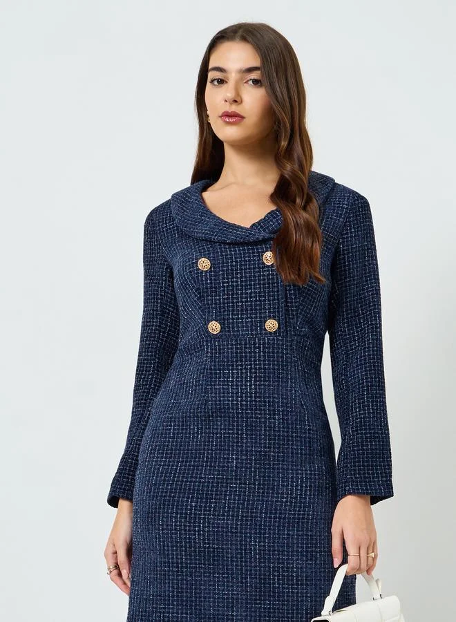 Styli Women Blue Tweed Sheath Maxi Dress